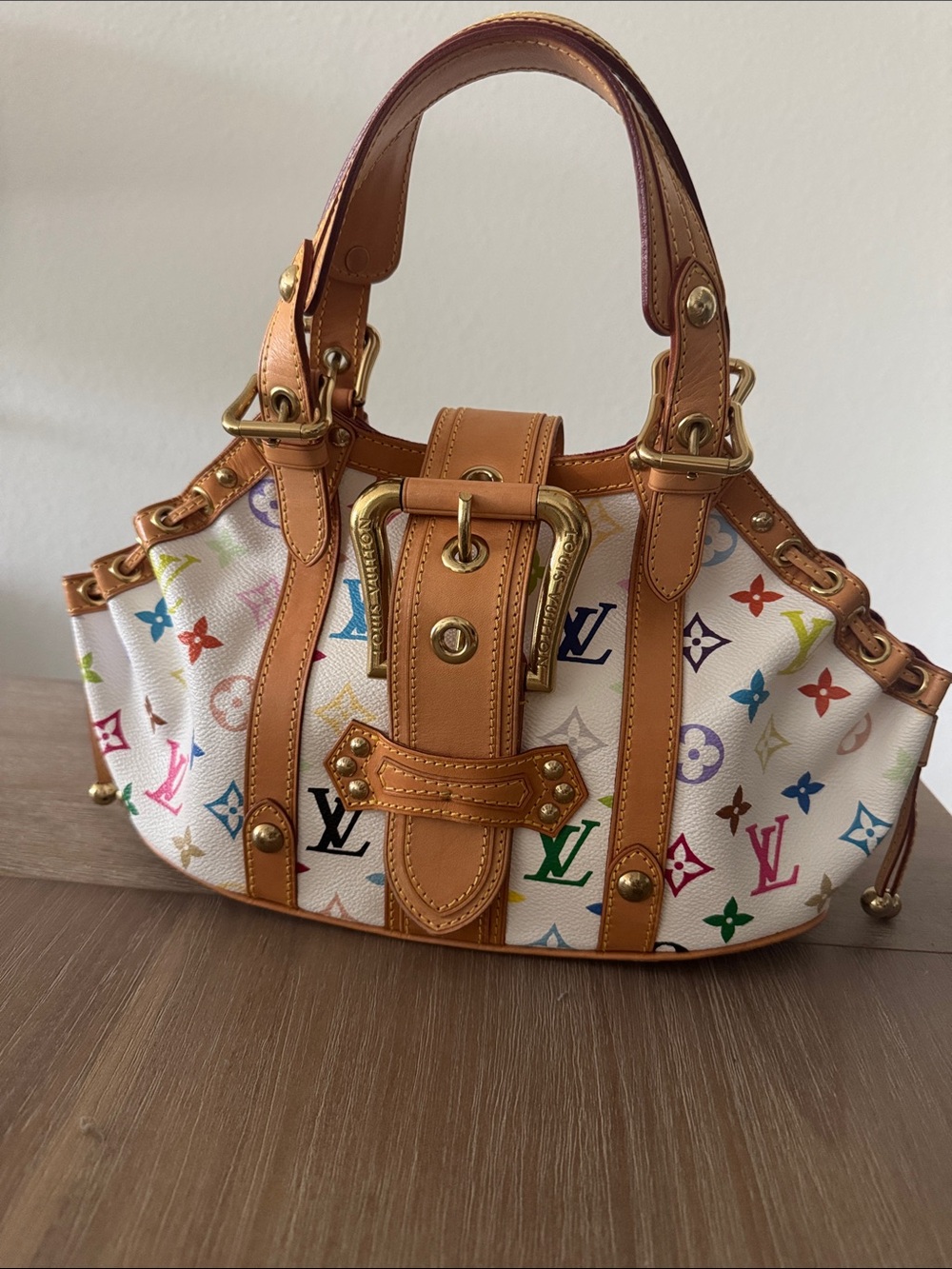 Louis Vuitton Multicolor Monogram White Canvas Hand Bag with Tan Trim
